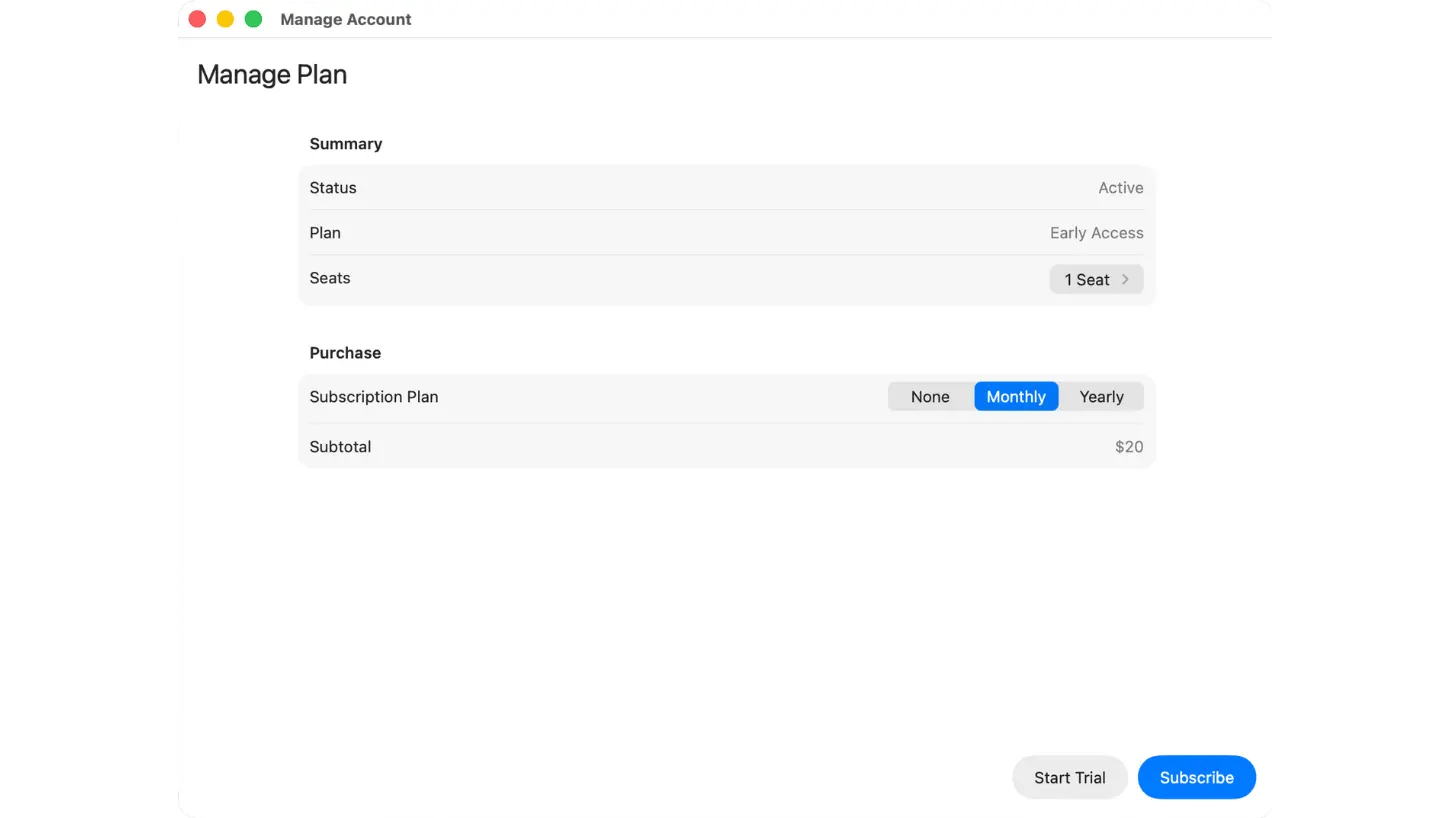 Manage Account screen