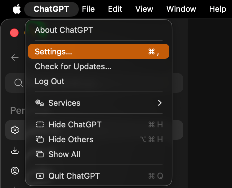 The ChatGPT menu with Settings selected