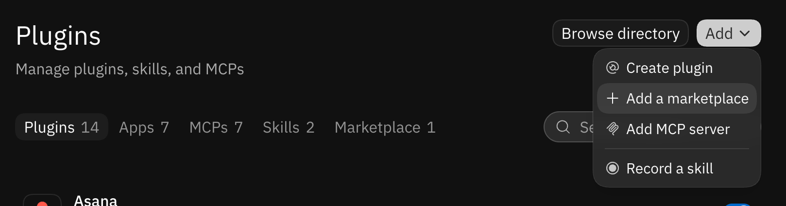 The Add menu with Add a marketplace selected