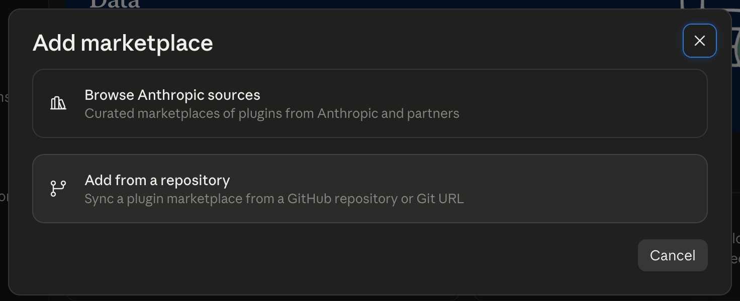 The Add marketplace dialog with Browse Anthropic sources and Add from a repository options