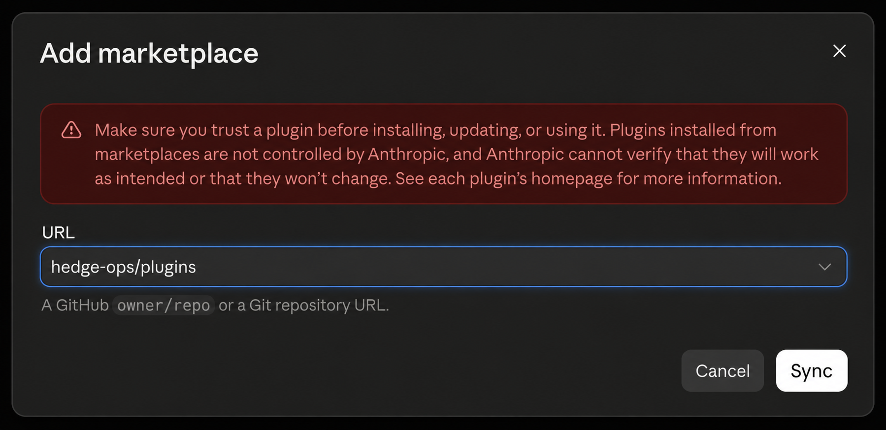 The Add marketplace dialog with hedge-ops/plugins entered and the Sync button