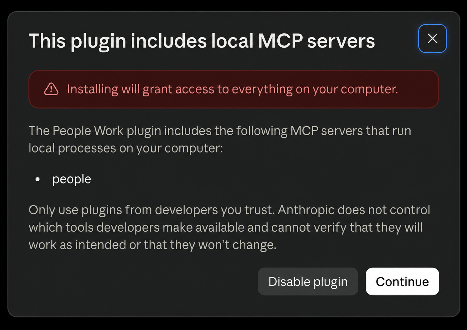 Claude's local MCP servers prompt for People Work with the Continue button